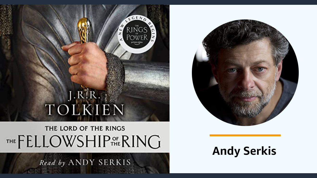Andy Serkis alongside an image of the Lord of the Rings audiobook cover