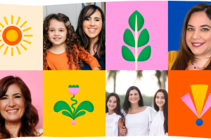 A collage of eight images, four of which have small business owner headshots and the other four have different illustrations of plants, flowers, and the sun. 