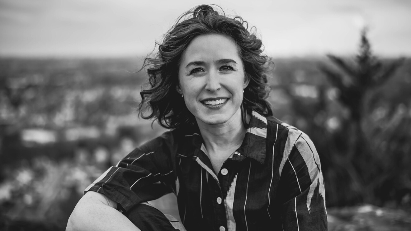 A close-up, black-and-white photo of Katie S Vitolins, head of Amazon Music for Artists.