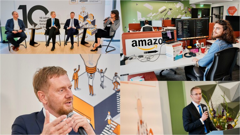 Collage von Fotos zum 10 jährigen Jubiläum von Amazon am Standort Dresden, u.a. mit dem Ministerpräsident von Sachsen, Michael Kretschmar und Chris Schlaeger, Geschäftsführer der Amazon Development Center Germany GmbH in Dresden.