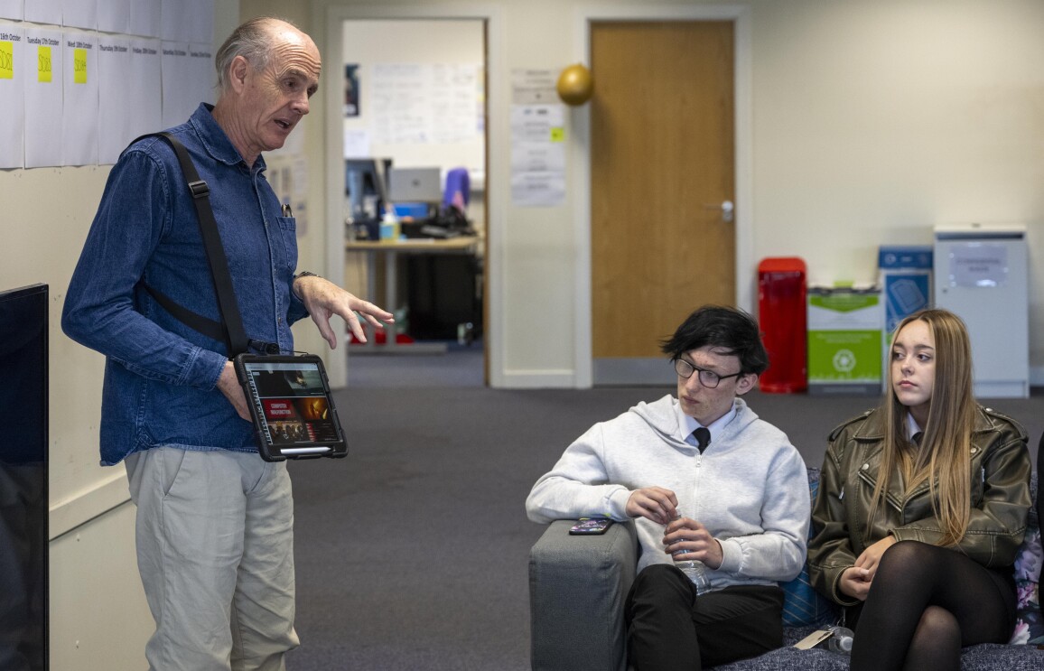 John Strickland, Director, The Rig, with students from Lochgelly High School