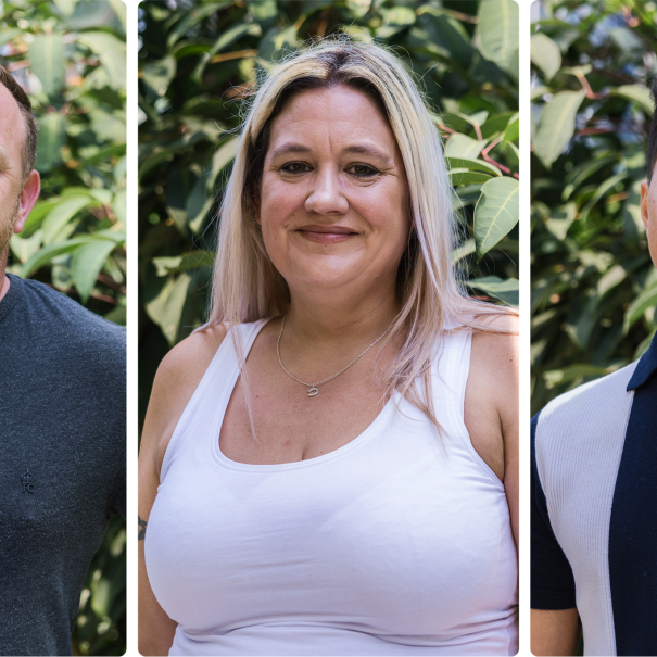 Three photos of Amazon employees in casual wear, smiling in front of greenery