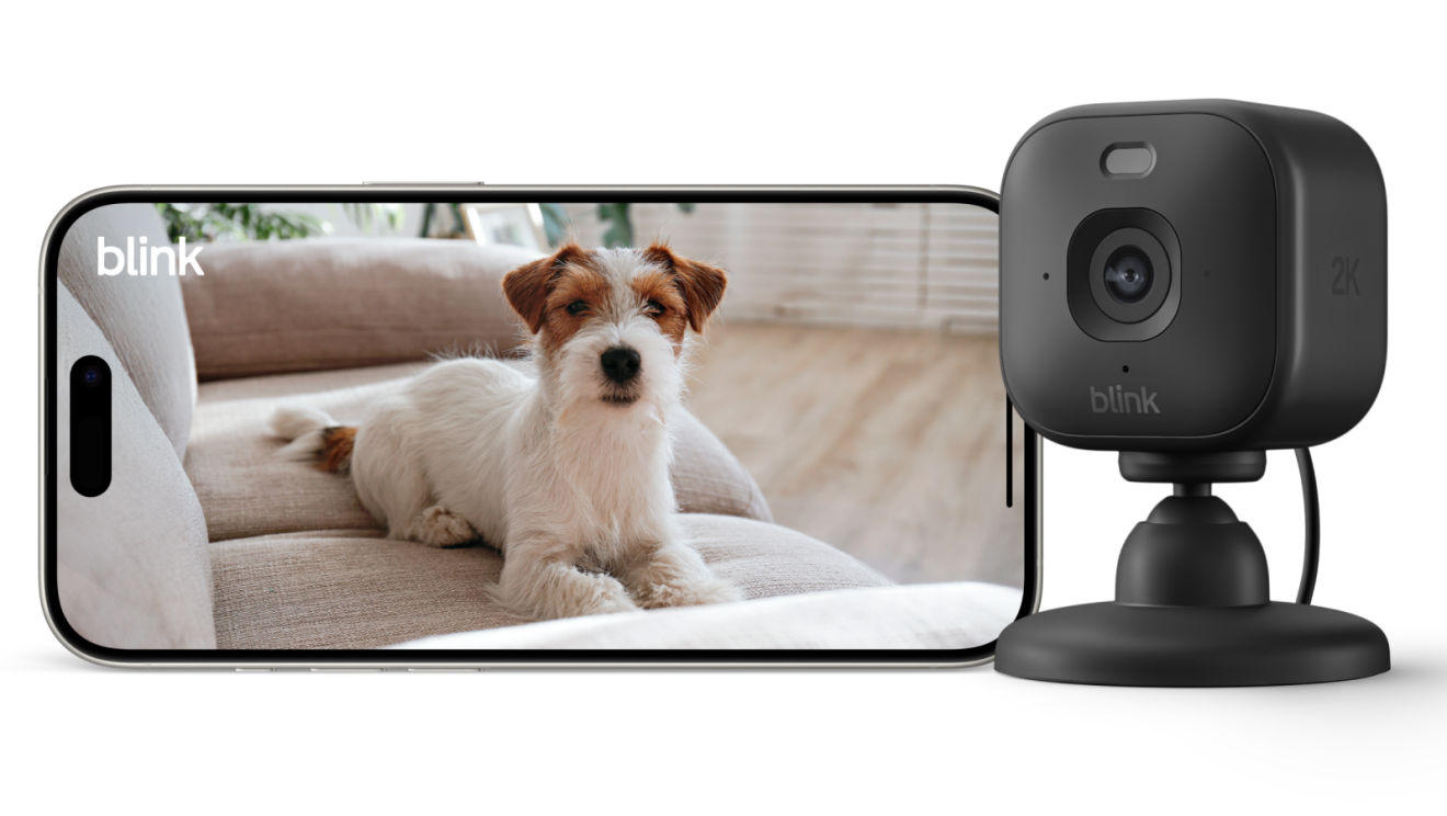 Caméra de sécurité Blink et smartphone affichant le flux vidéo en direct d'un petit chien sur le canapé