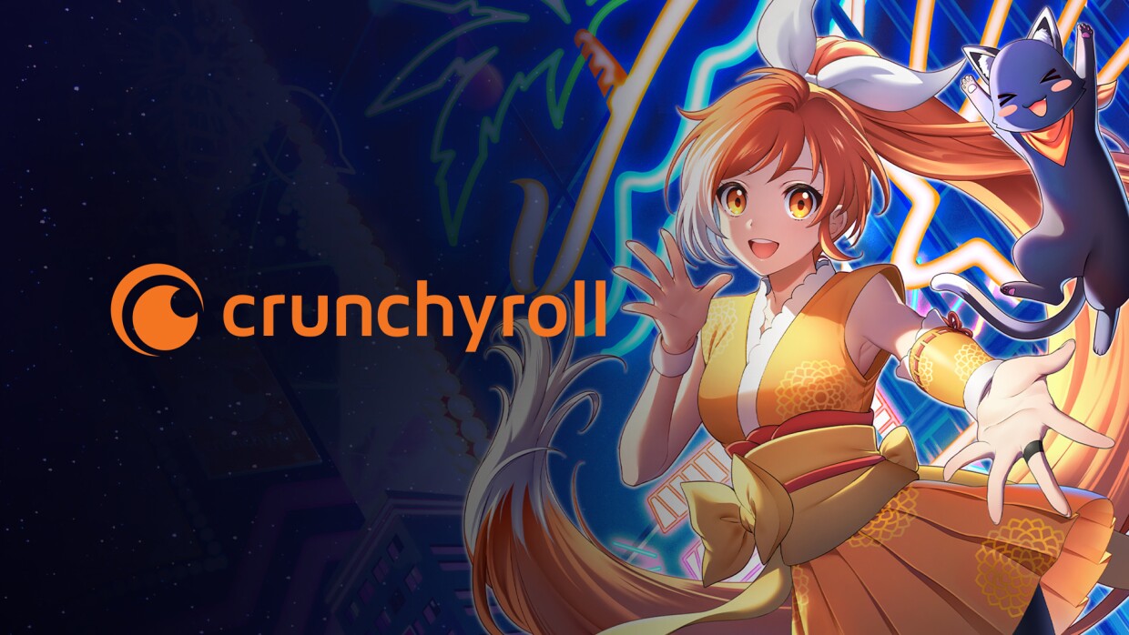 A graphic that includes the Crunchyroll logo and an anime character.