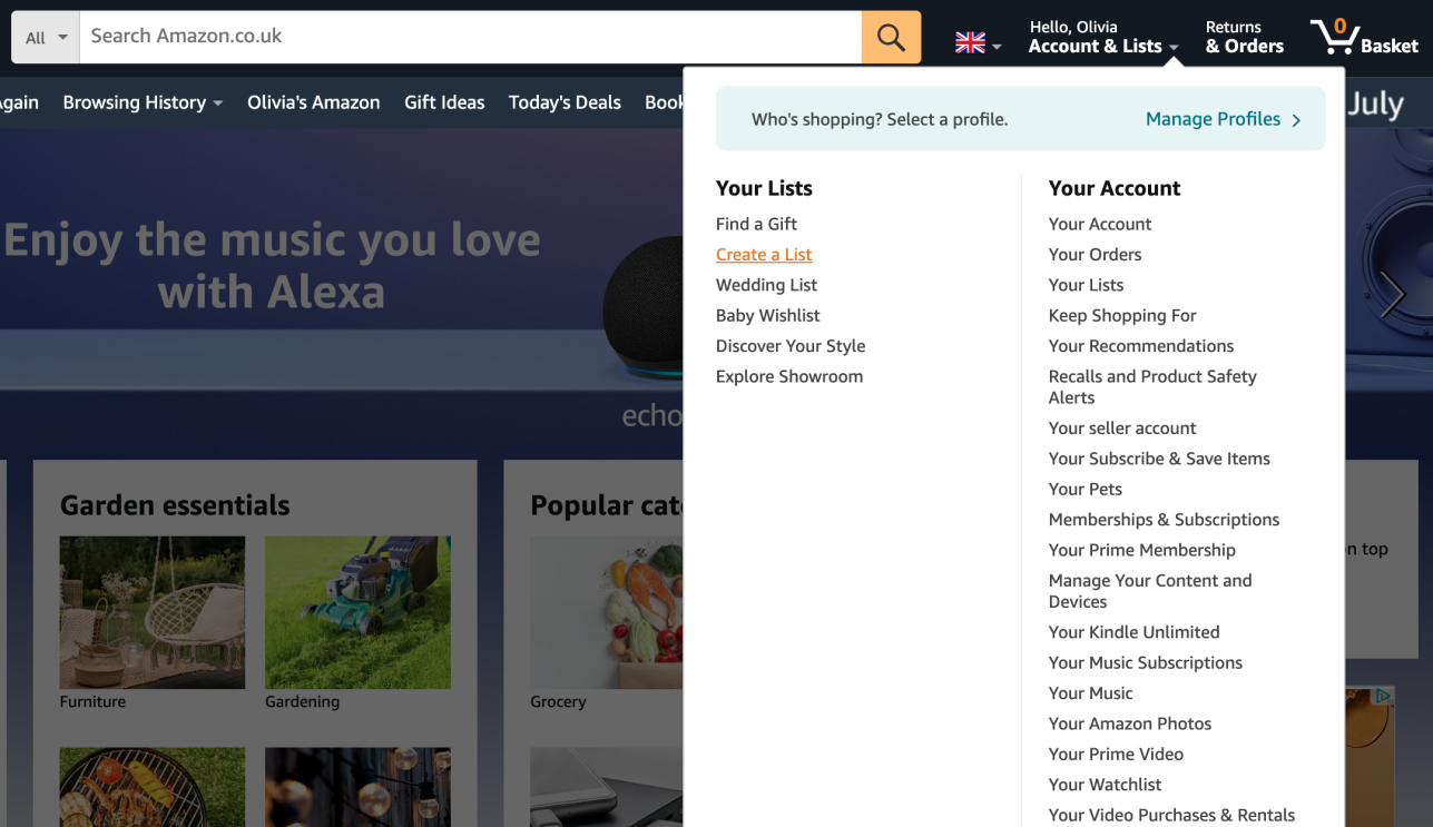 A screenshot of the Account section on Amazon, highlighting the option to 'Create a List'