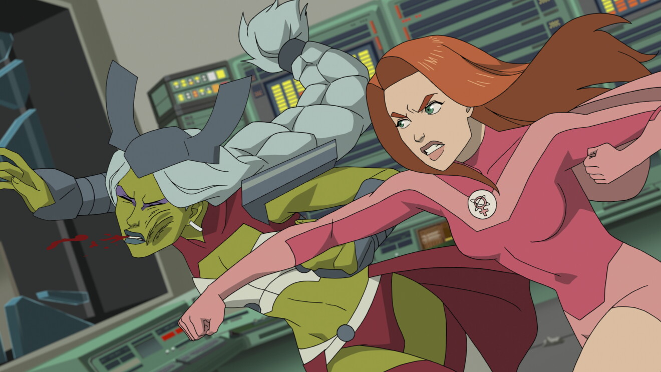 Invincible from Prime Video: Animated superhero duo in action poses aboard futuristic spaceship.