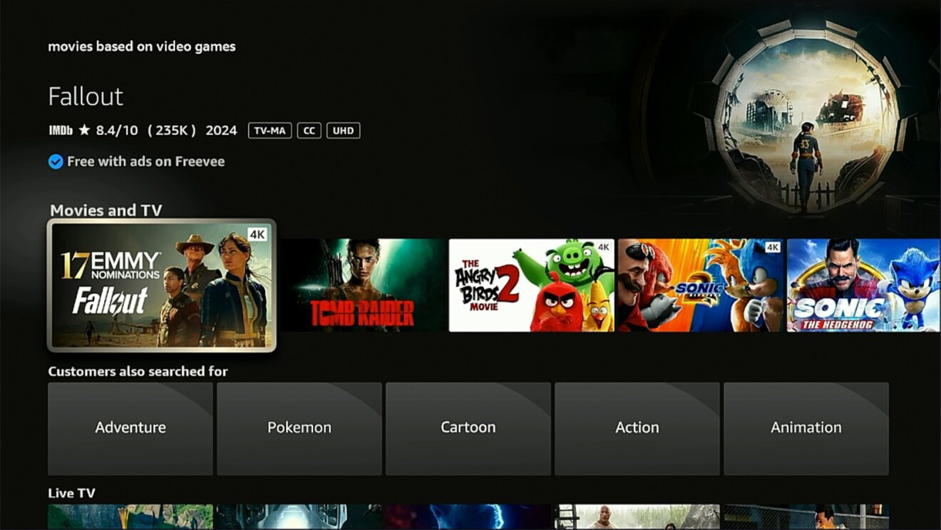 Fire TV interface displaying movies and TV shows based on video games