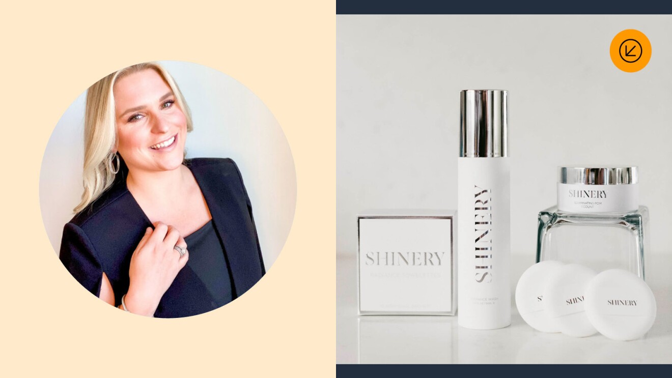 A split image with the owner of the Shinery on the left and on the right, Shinery products including rings and jewelry cleaner.