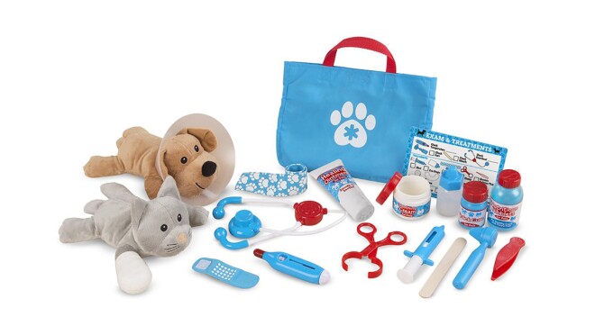 24-piece梅利莎和道格检查和治疗假装跟毛绒狗和猫玩宠物兽医组,听诊器,温度计,注射器,耳朵范围,镊子,夹,演员阵容,绷带,“治疗”和“膏”,与一个可重用的双面清单