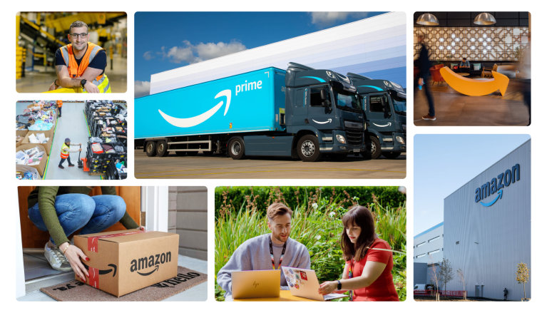 Eine Collage mit Eindrücken von Amazon Standorten und Mitarbeitenden.