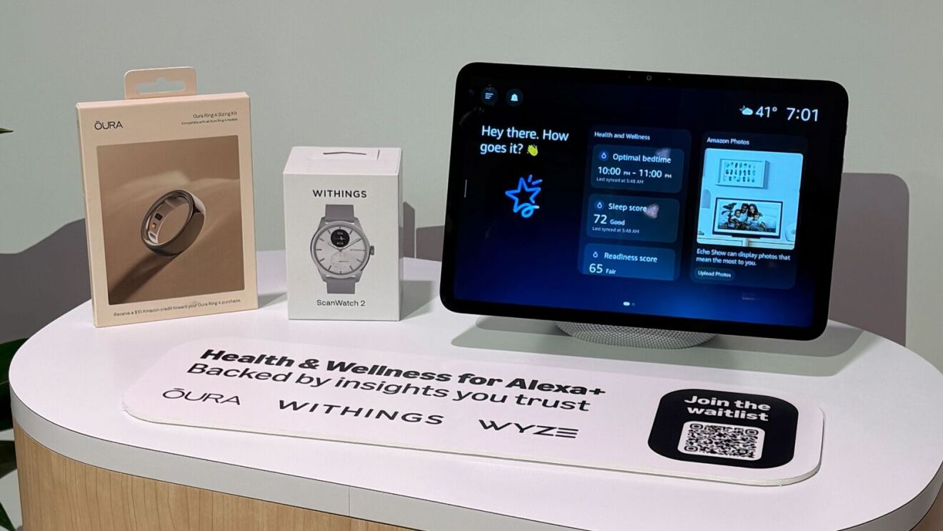 Oura ring, Withings watch, and Alexa device with health stats screen