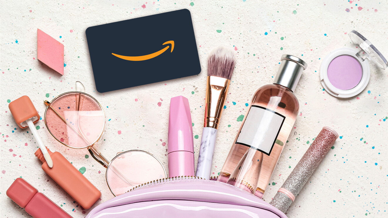 A bag of beauty products with an Amazon gift card