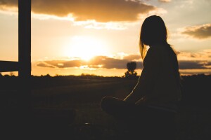 A young woman sits on a stump, looking toward the rising sun. 