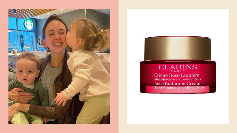 On the left Colleen Waldron holds her baby while her toddler kisses her on the cheek. On the right is a product image of Clarins Super Restorative Rose Radiance Cream.