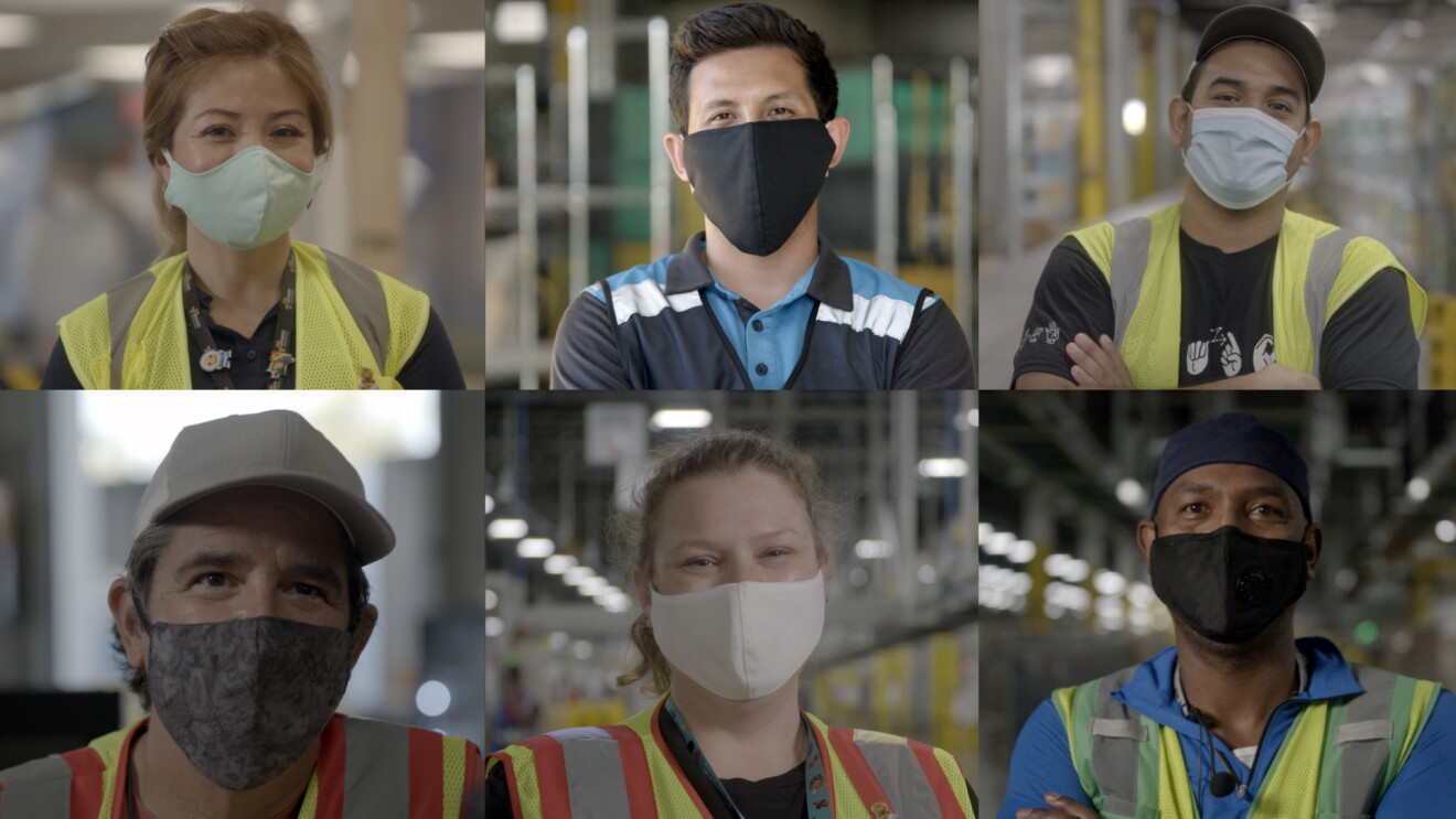 A composite of men and women who work at Amazon, wearing face masks at work