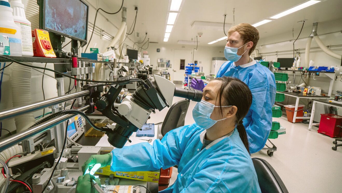 A photo of two researchers in a lab at the Allen Institute. One researcher is looking into a microscope, while the other is viewing what is being inspected on a screen.