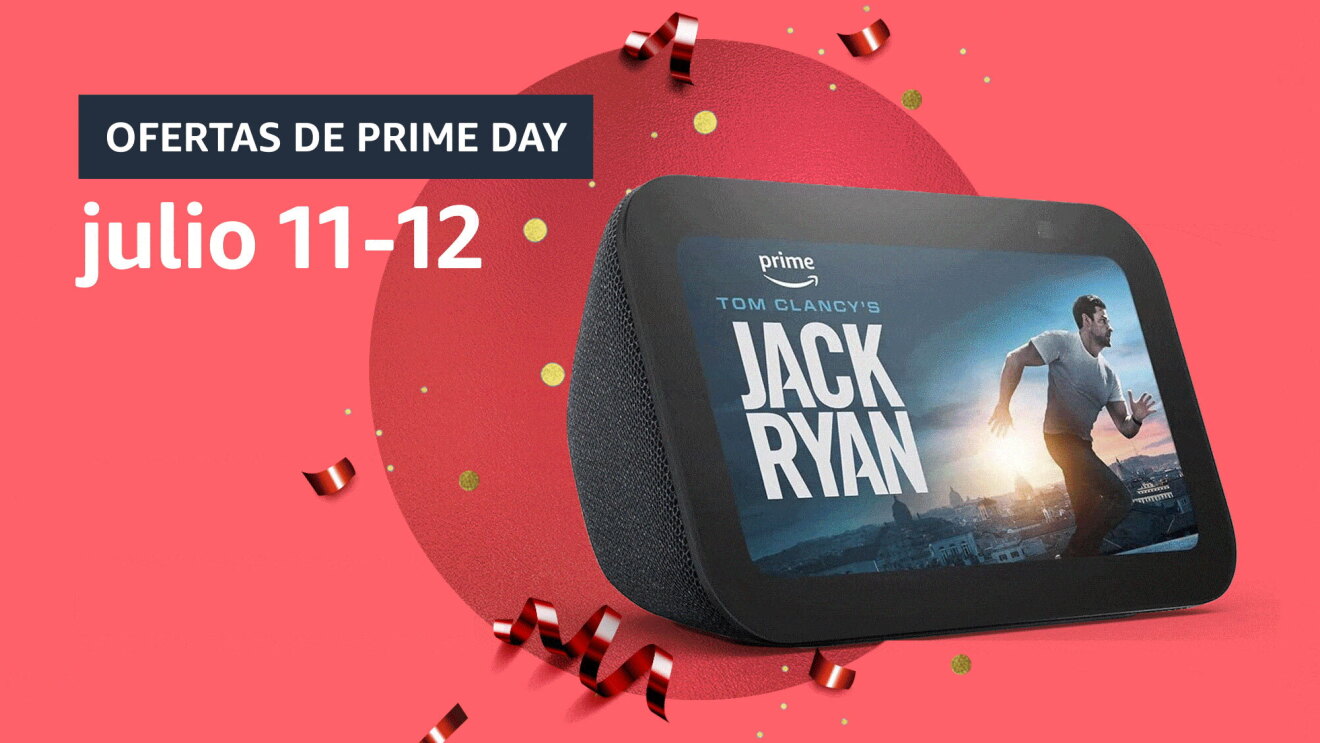 An image of an Echo device showing a promo for Tom Clancy's Jack Ryan on a red background with confetti and a banner that reads "ofertas de Prime Day julio 11-12" in Spanish.