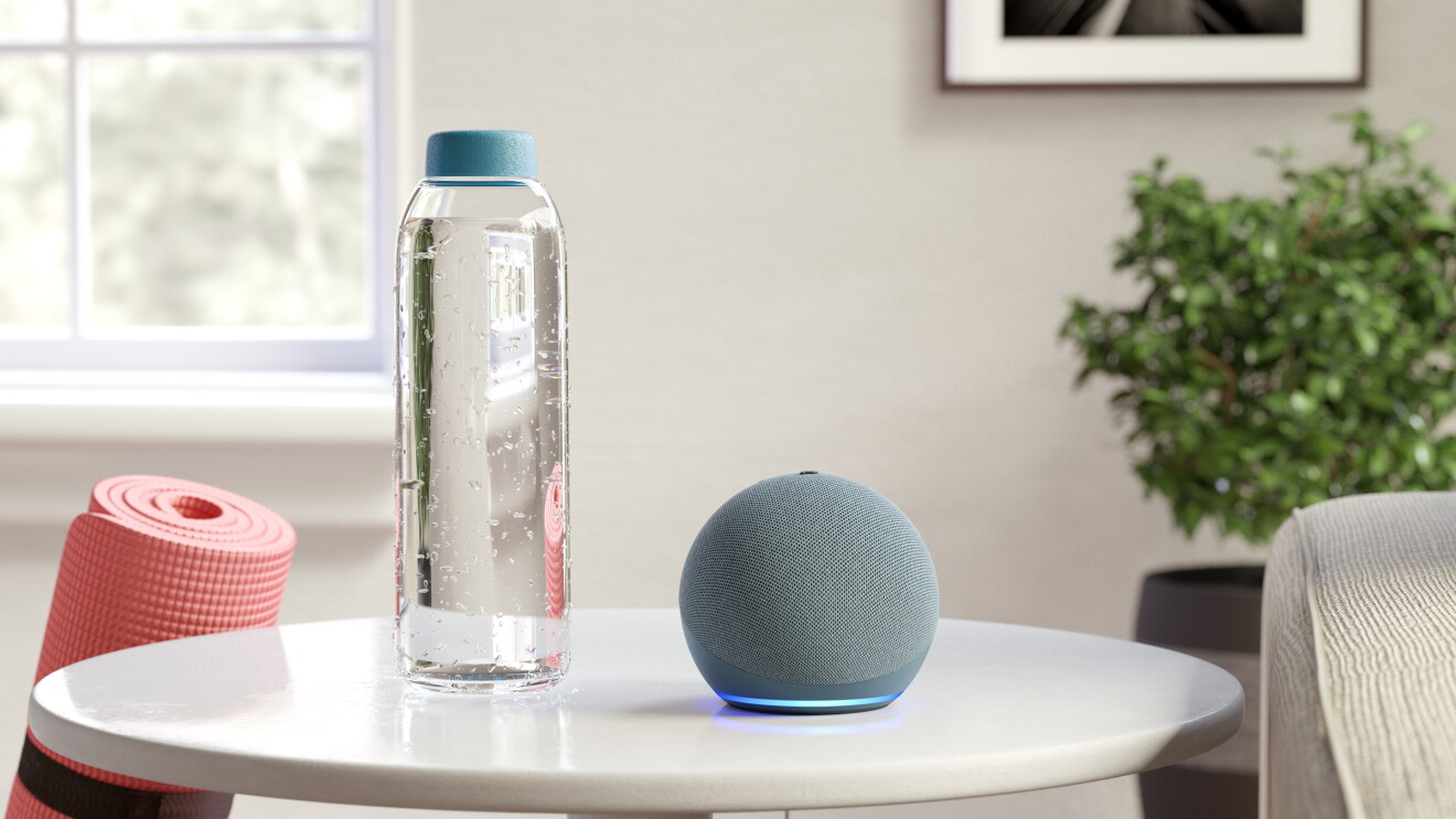水や緑やヨガマットがあるリラックスした部屋に置かれているecho