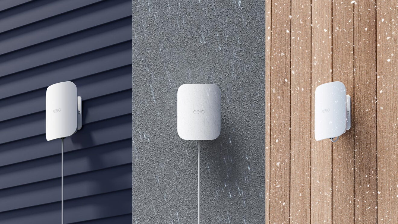 eero devices on the exterior of a home shown in different weather conditions