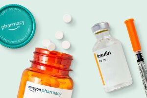 An image of an Amazon Pharmacy prescription bottle and an insulin bottle. 