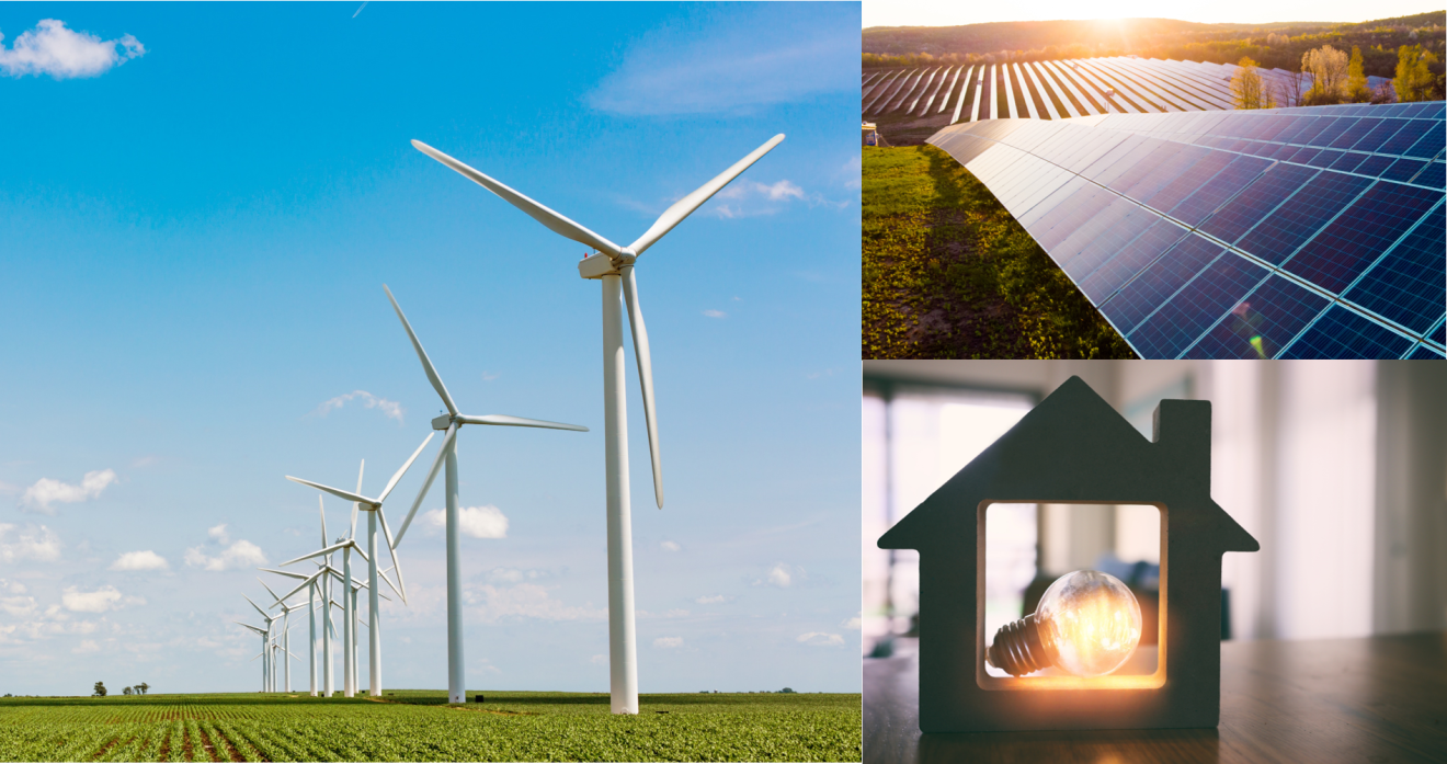 solar panels and wind turbines generating electricity