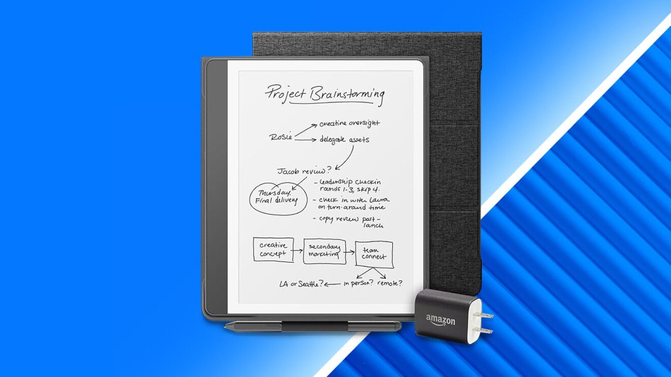E-ink tablet displaying project brainstorming notes next to Amazon charger