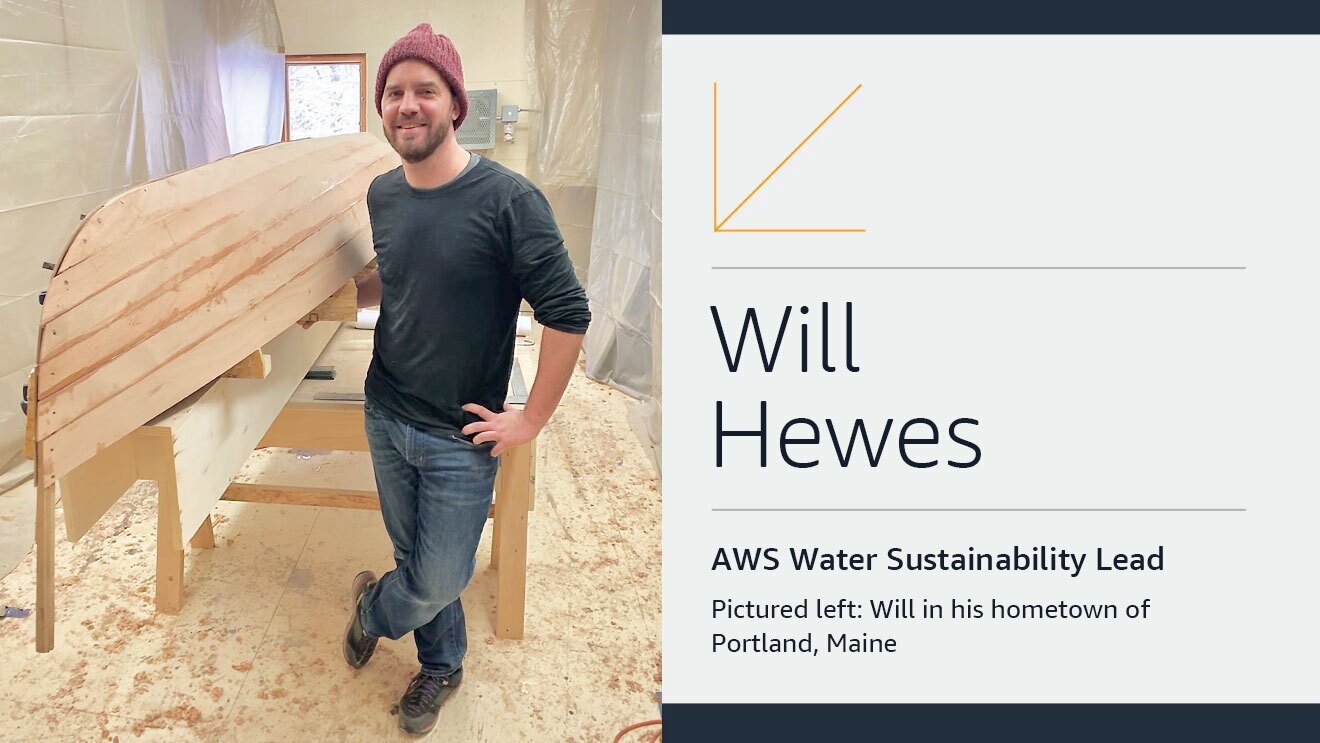 A photo AWS Water Sustainability Lead Will Hewes standing next to a wooden canoe in a garage. 