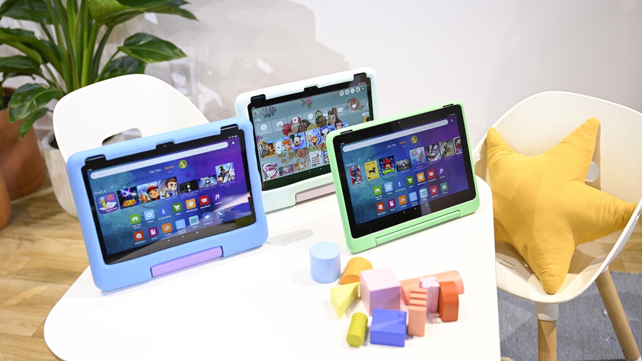 An image of a display of three Fire HD 10 kids tablet.