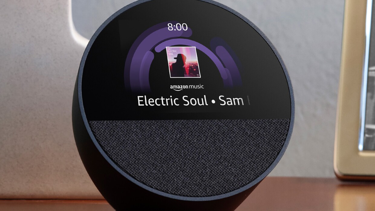 Amazon Echo device displaying 'Electric Soul' by Sam on Amazon Music