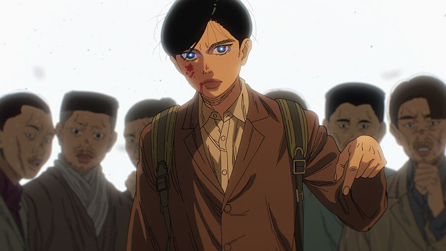 真っ白な背景に、アニメキャラクターが逆光で描かれている。頬に血痕があり、唇の端から血を流した青年が左の人差し指を下に向けている。背後にモブキャラクター。