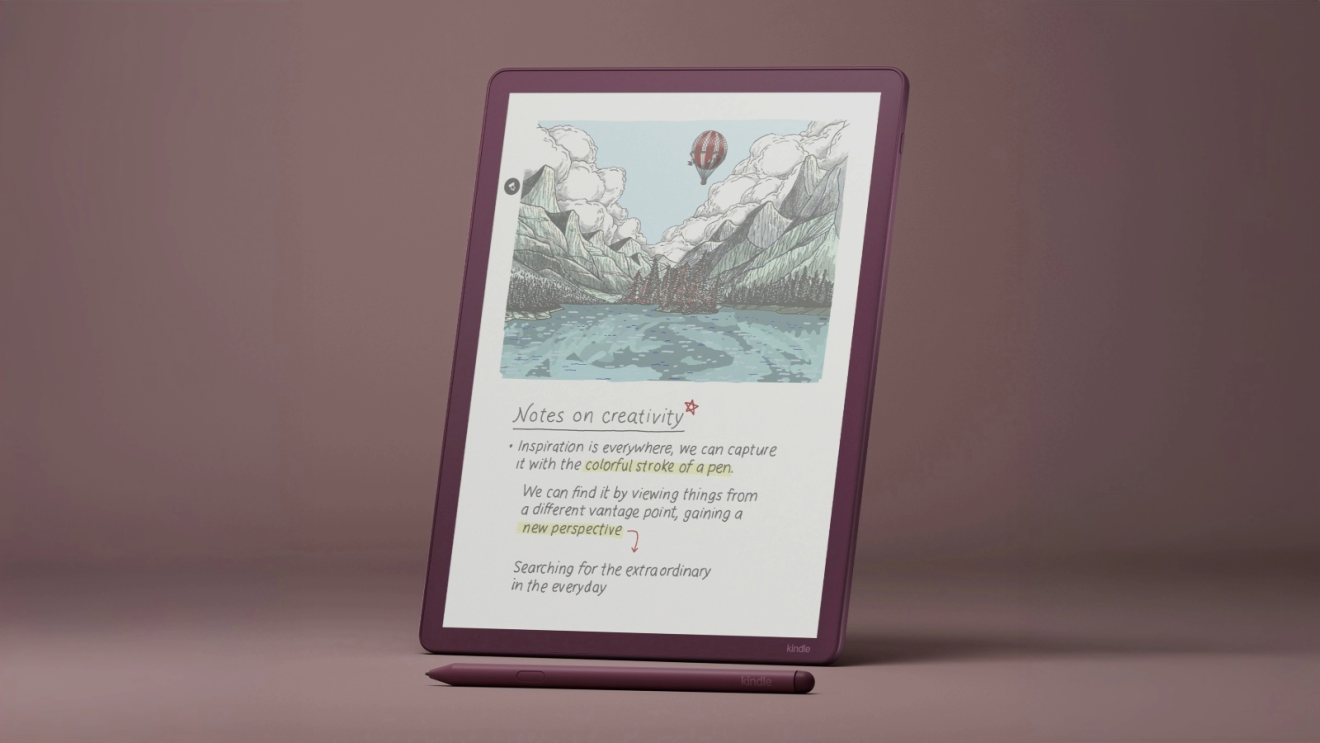Kindle e-reader displaying notes on creativity with mountain landscape sketch