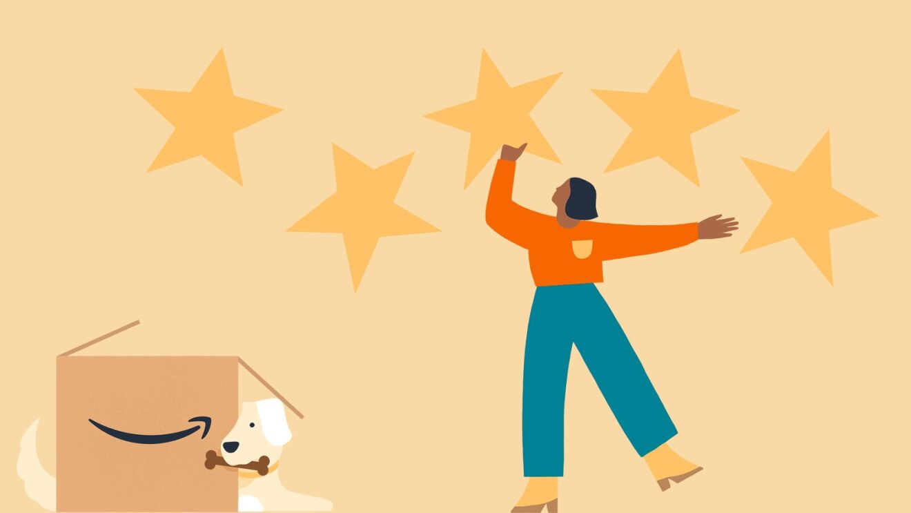 Joyful shopper with stellar ratings, curious pup in delivery box