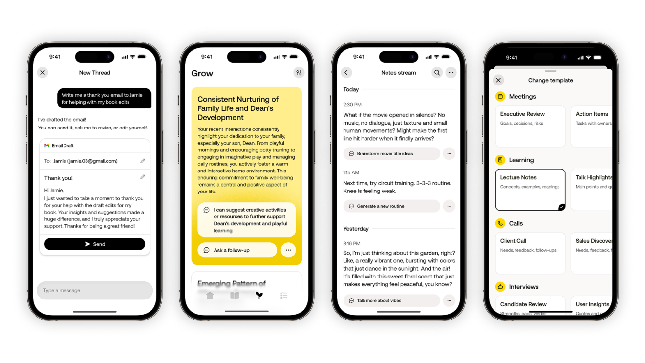 Bee Smartphone interface mockups showing email, personal growth, note-taking, and scheduling apps