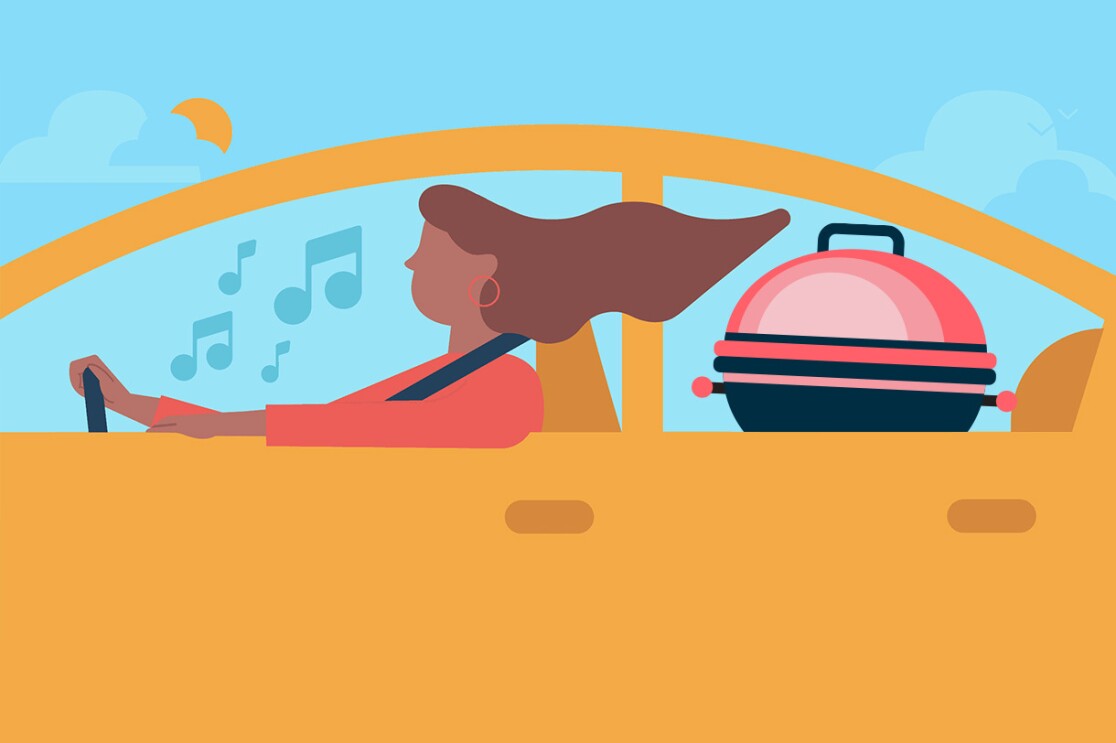 An illustrated image of a person riding a car while listening to music