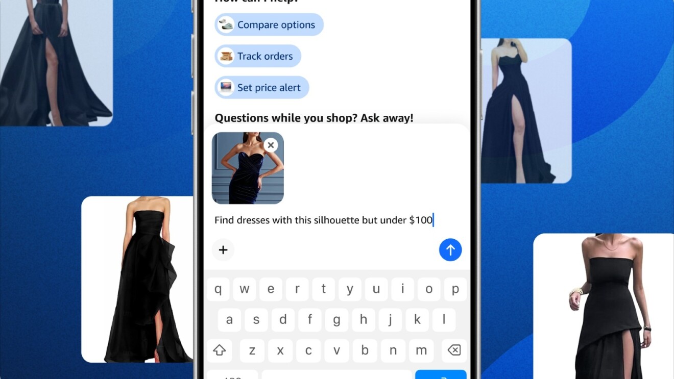 Amazon's Alexa for Shopping visual search results for strapless black dress with ruffled overlay