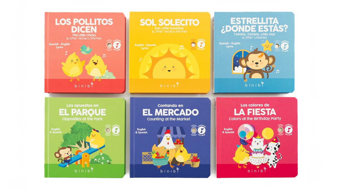 Collection of Binibi board books with titles like 'Los Pollitos Dicen' and 'Sol Solecito' for young learners