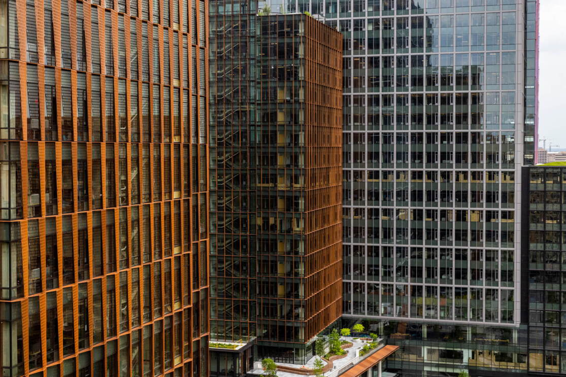 A photo of the outside of the two Amazon HQ2 office towers located at Metropolitan Park in Arlington, Virginia.