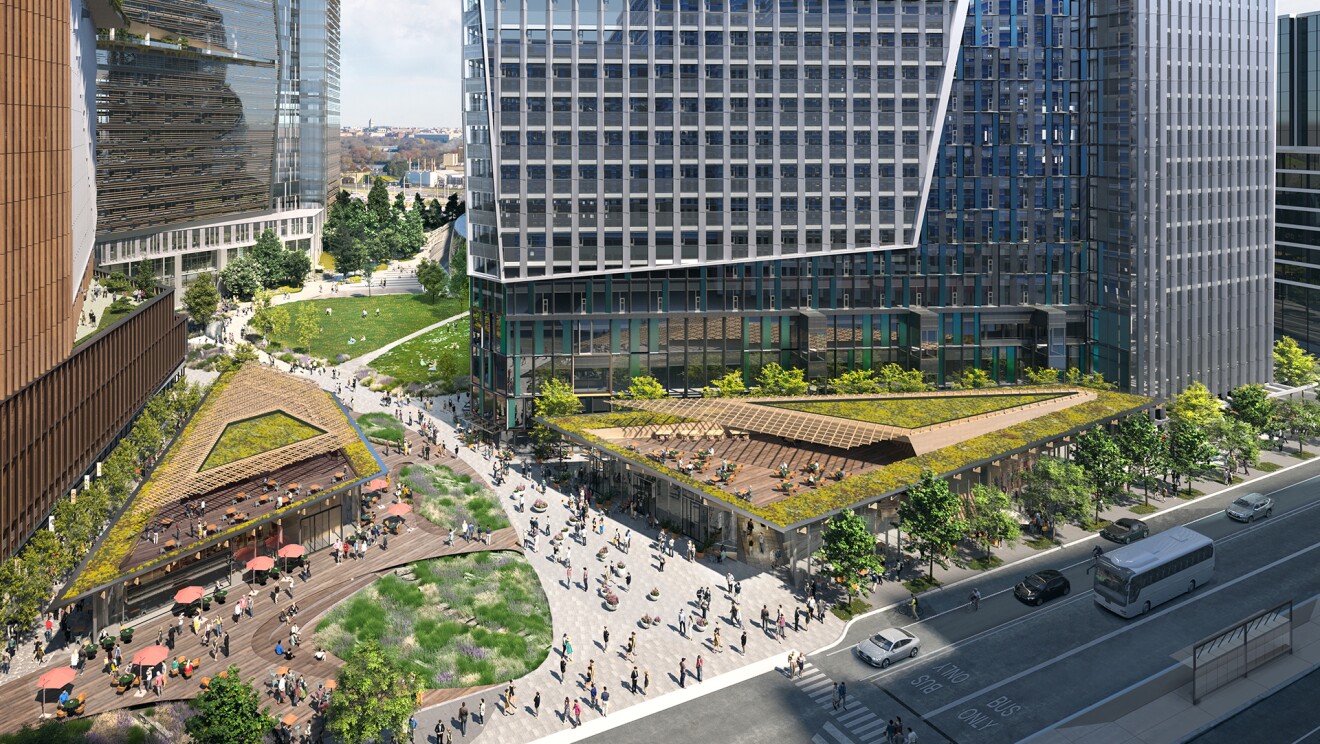 An aerial rendering of Amazon's PenPlace campus in Arlington, Virginia