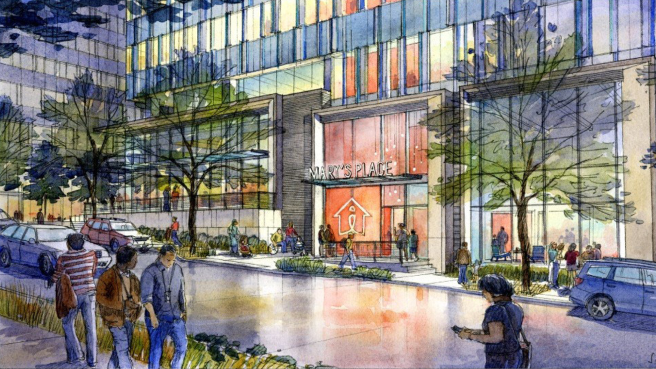 Architectural rendering of the entrance to a new Mary's Place shelter, to be built in Seattle