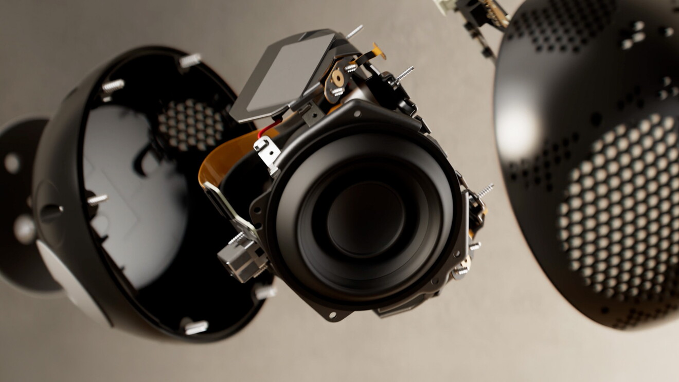 Alexa+ sound Disassembled high-end speaker components floating against neutral background
