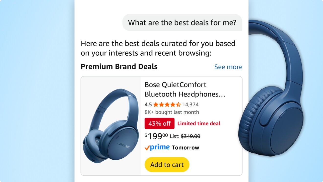 Rufus AI chat showing Blue Bose headphones with 43% discount on Amazon.com