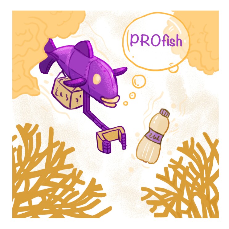 A sketch in purple and orange robotic fish for an Amazon competition entry