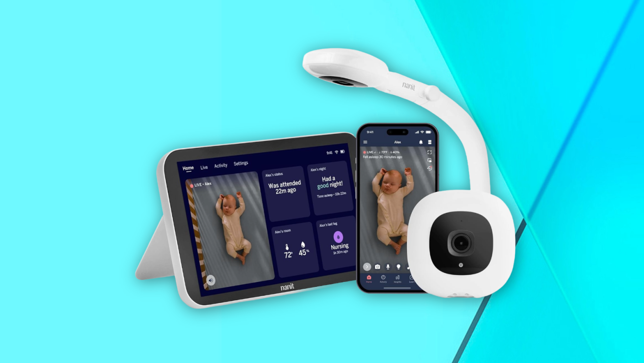 Nanit Smart Baby Monitor System with Floor Stand and 8-inch Display Screen against a vibrant teal background.