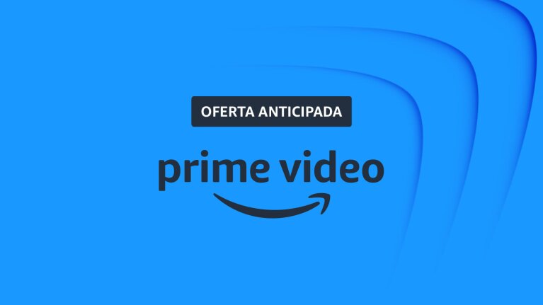 Amazon Prime Video logo on blue wavy background and text banner up top that reads "Oferta anticipada"