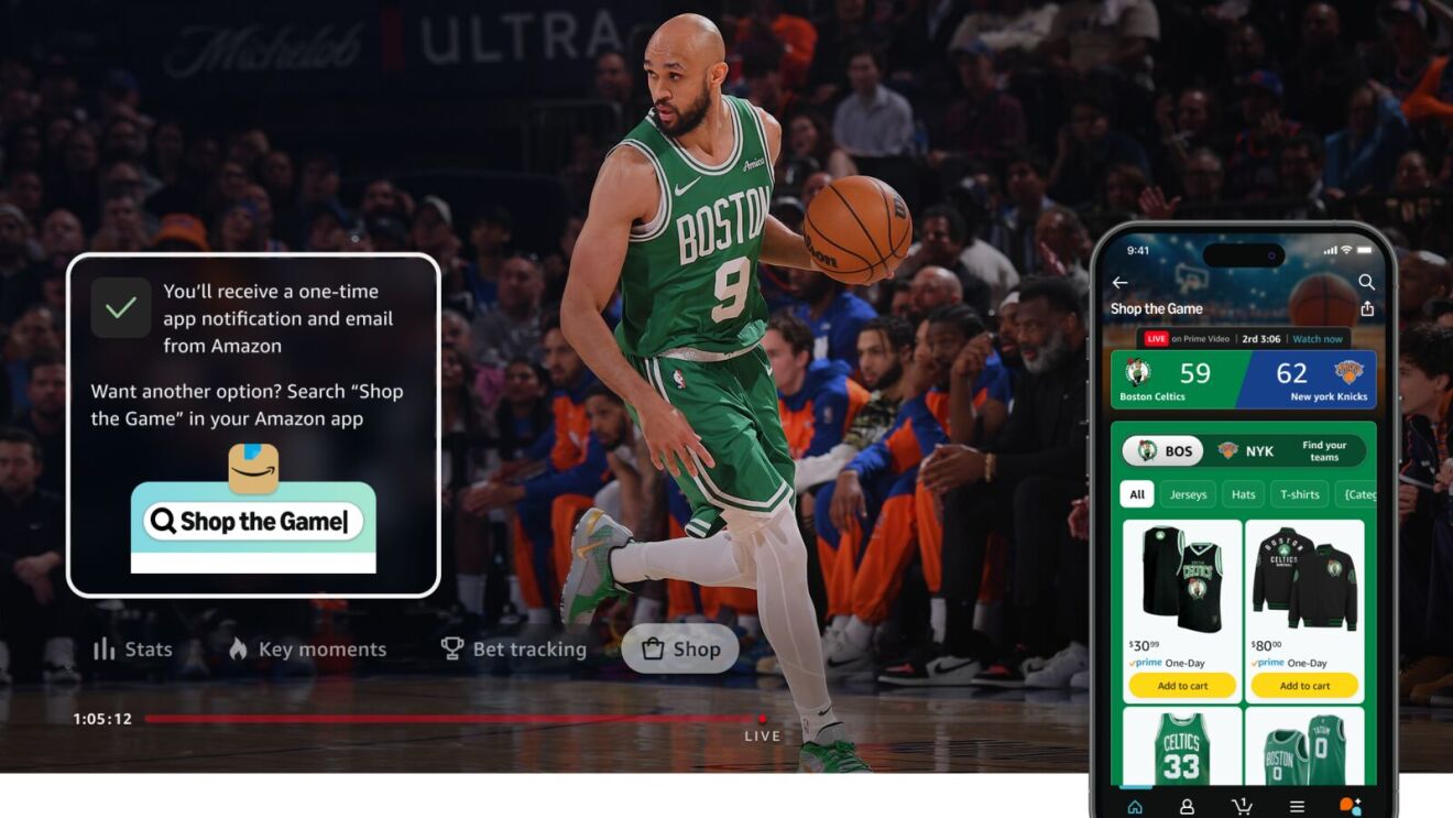 Image for Amazon's Shop the Game feature for NBA broadcasts.