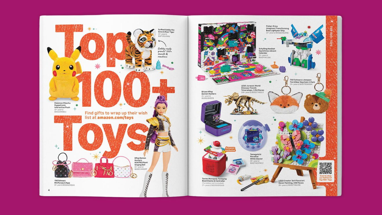 Catalog spread showcasing Amazon's Top 100+ Toys for gift wrapping ideas