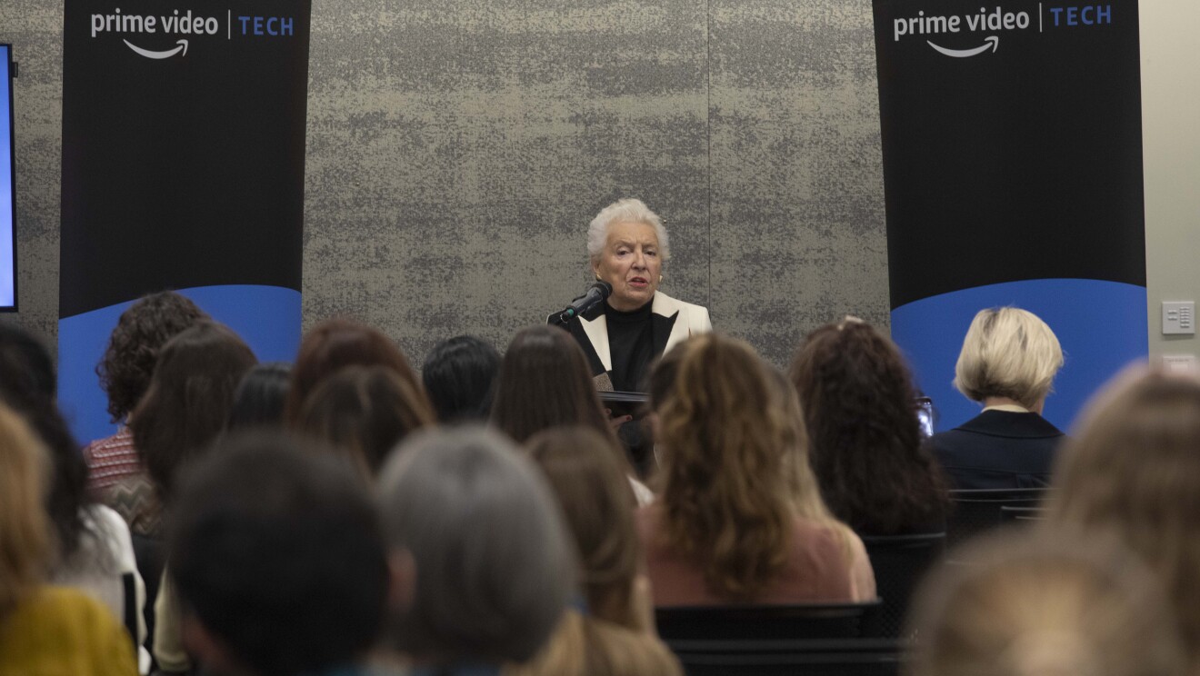 Dame Stephanie Shirley speaking to an audience at Amazon's London office