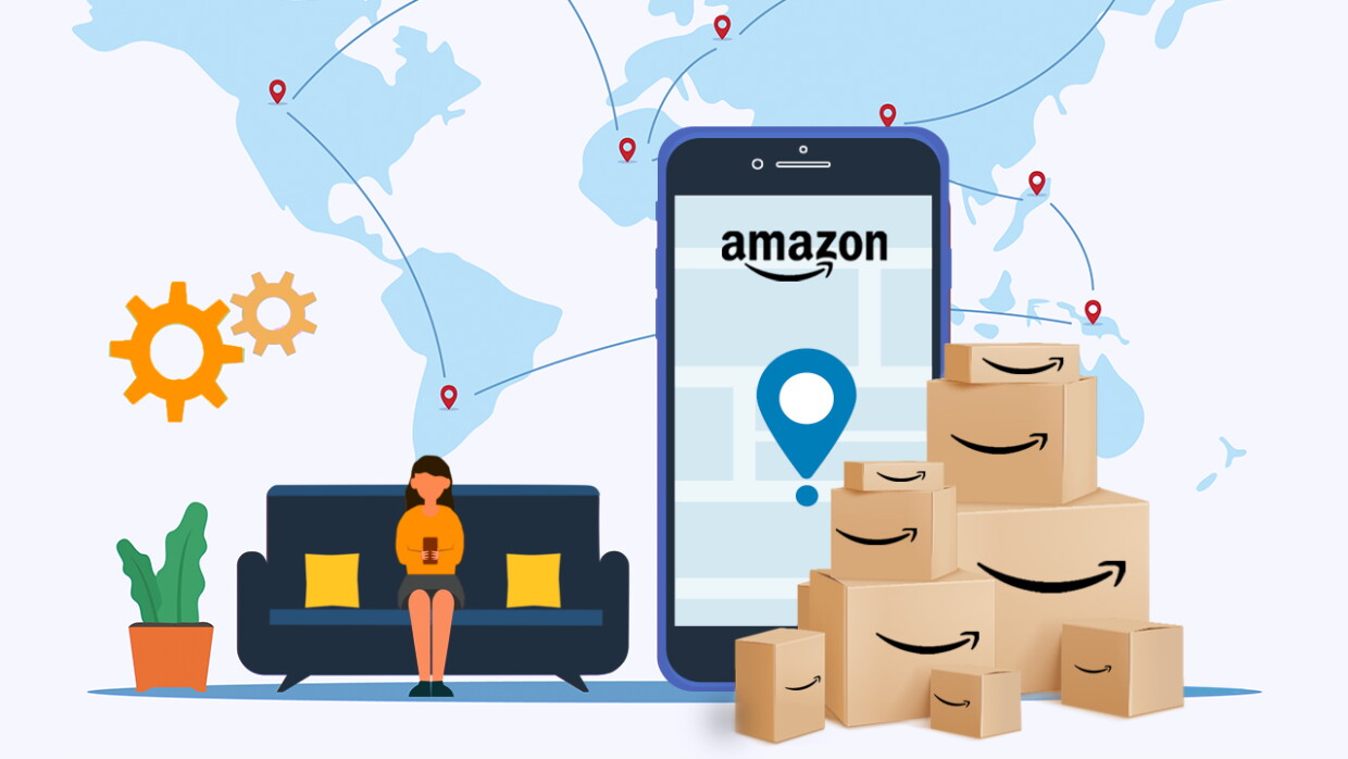 Infografía con una persona con el pelo largo sentada en un sofá con el teléfono en las manos. De fondo un mapa del mundo. UN teléfono tamaño grande con unas cajas al lado también gigantes. 