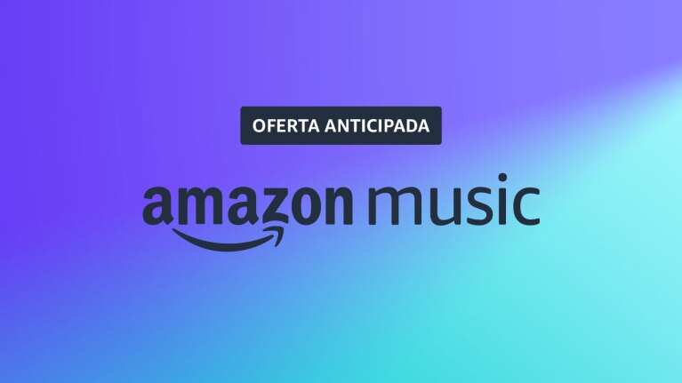 Amazon Music logo on gradient purple-blue background and banner that reads "oferta anticipada"