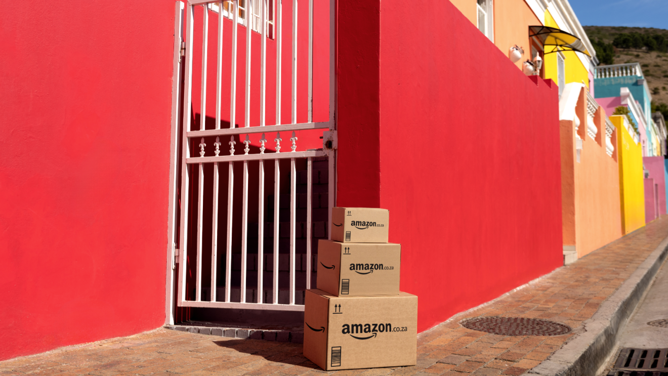 Amazon boxes stacked outside in South Africa